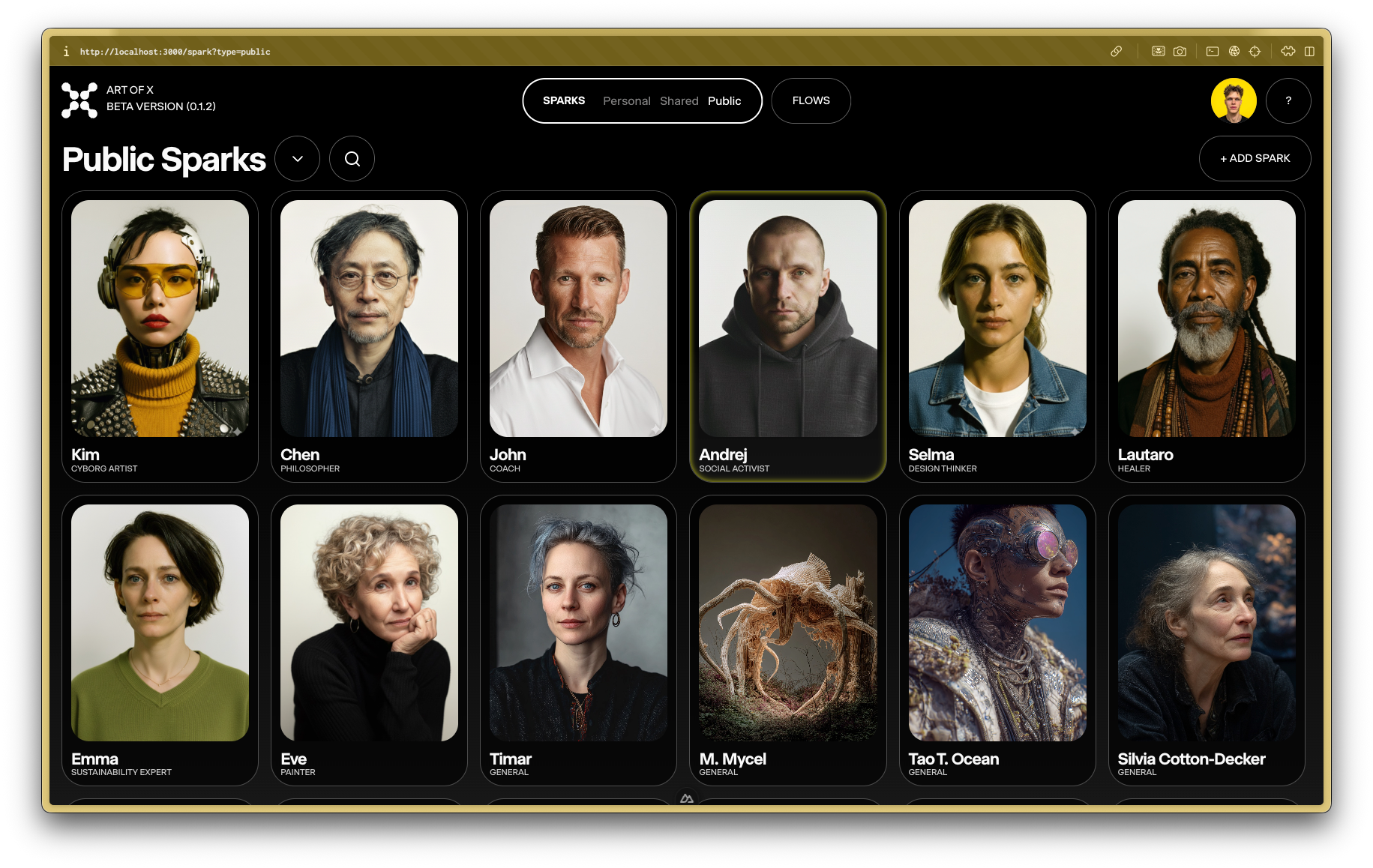 Sparks directory with Personal, Shared, and Public tabs